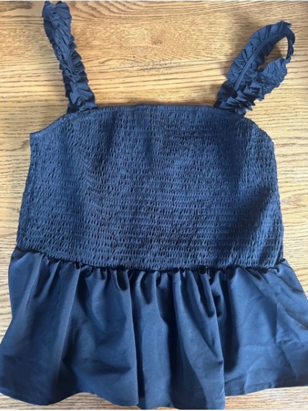 SHEIN Navy Smocked Ruffle-Strap Peplum Tank Top